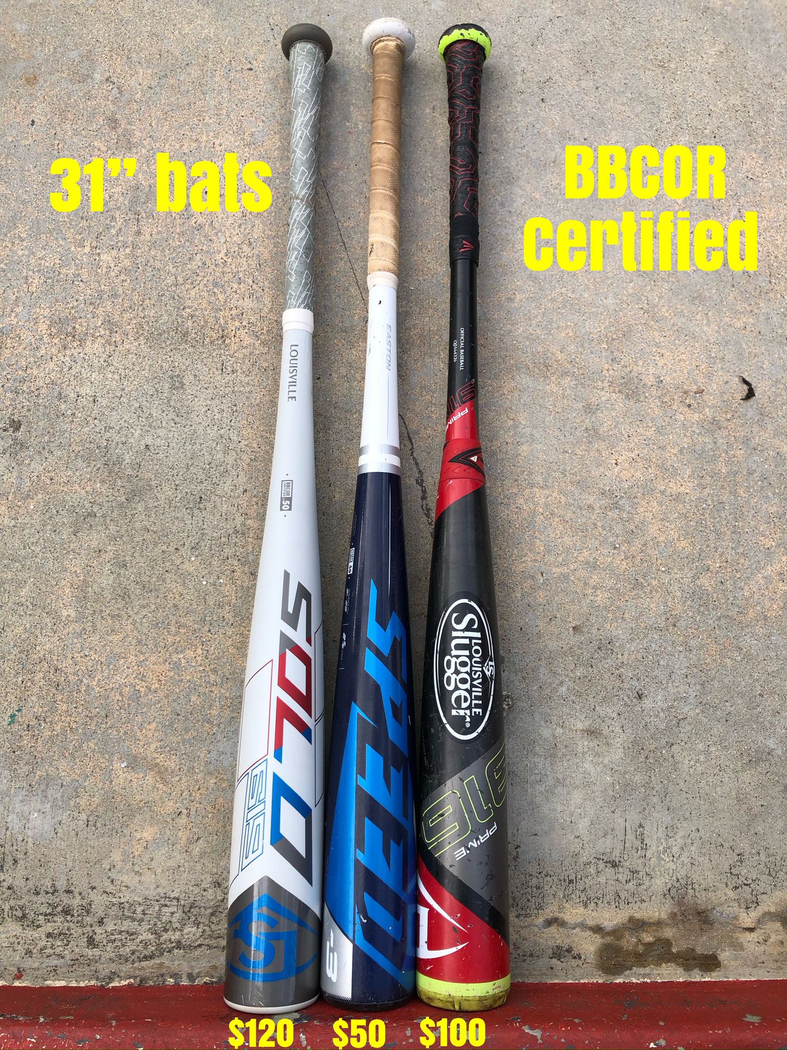 Baseball Bats  31” BBCOR Certified Prices are labeled in the pictures. Have More Baseball And Softball Equipment Available