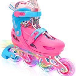 Pink Graffiti Light up Inline Skates for Girls, Adjustable Roller Shoes with Full Illuminating Wheels for Kids, Blades Roller Skates for Beginn