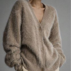 Women’s Fuzzy Cardigan Sweater – Beige – Size S