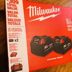 Milwaukee M18 18-Volt Lithium-Ion XC Starter Kit with Two 4.0 Ah Batteries, Charger and Contractor Bag. New/Factory Sealed!