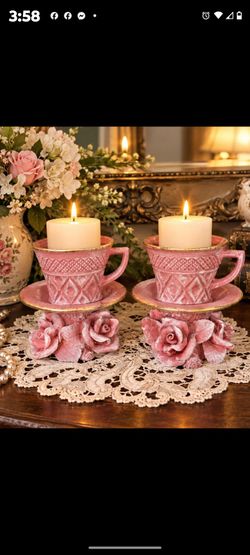 Pink Teacup Rose Candle Holders Set of 2