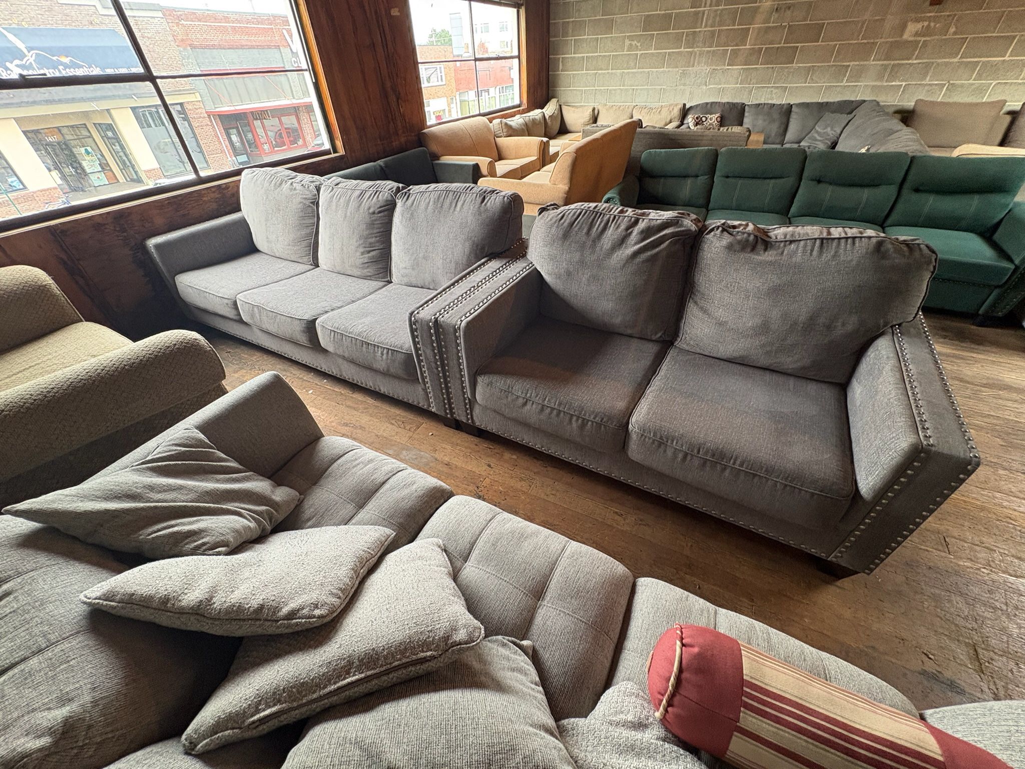 Gray Nailhead Sofa Set β Deep Seats, Firm Support, Modern Angled Arm Design (WE DELIVER)