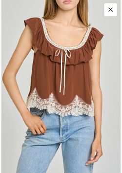 Brown Ruffle Lace Trim Crop Top