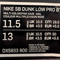 NIKE SB DUNK LOW PRO BT MULTI-COLOR/PINK GAZE -SAIL COULEUR MULTIPLE/VISION ROSE