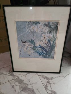 Framed Asian Floral & Bird Artwork – Orchid Botanical Print with Black Frame
