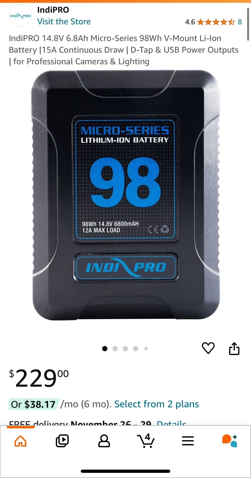 IndiPRO 14.8V 6.8Ah Micro-Series 98Wh V-Mount Li-Ion Battery