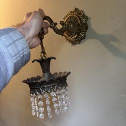 Pair of Vintage Side Mount Brass and Crystal Sconces 
