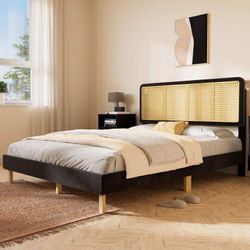 Queen Bed Frame with Adjustable Rattan Headboard, Boho Platform Bed Frame with Sturdy Slats Support, No Box Spring Needed, Black