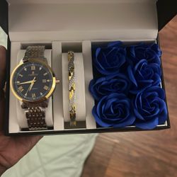 Men’s Watch & Bracelet Gift Set – New in Box (Blue & Gold) 