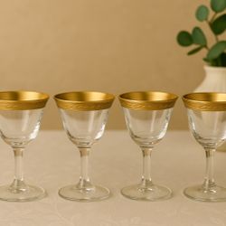 Tiffin Franciscan 1960s Laurel 4 Gold Encrusted Rim Cordial Glasses, 2x3.5”