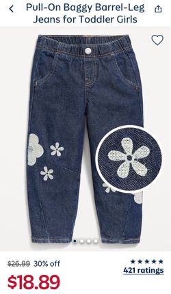 OLD NAVY GIRSL BARREL LEG-Dark Blue Denim Pants with White Flower Appliqués   Soft dark blue denim kids' jeans with white floral appliqués