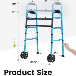 Brand New Heavy Duty Folding Walker, Bariatric Walker with 5 Inches Wheels for Seniors Wide Walker Supports up to 500 Lbs