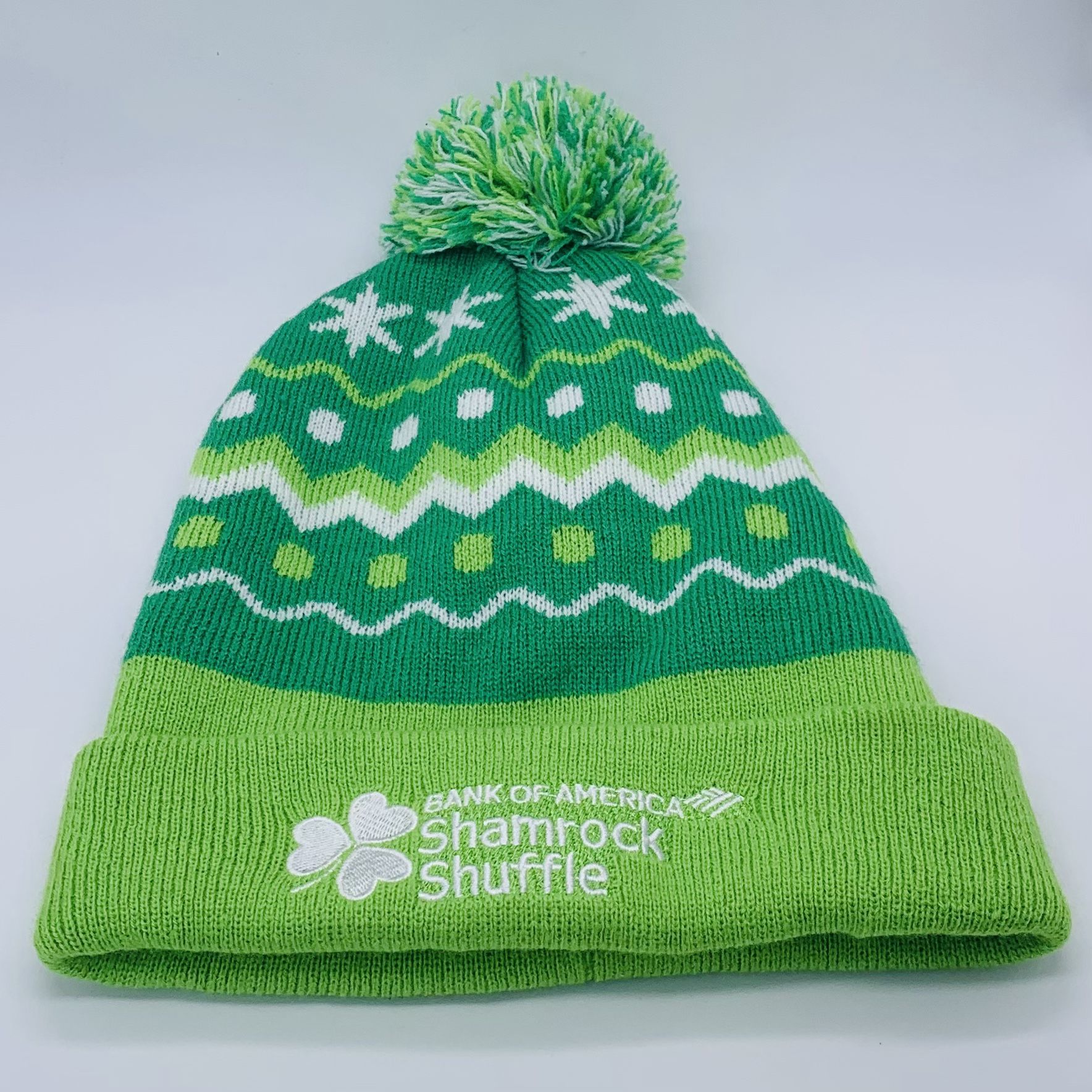 Bank of America Shamrock Shuffle Winter Beanie with Pom Pom Hat Cap One Size Light Green USED