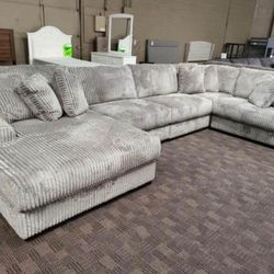Super Soft Grey Corduroy Sectional Couch 