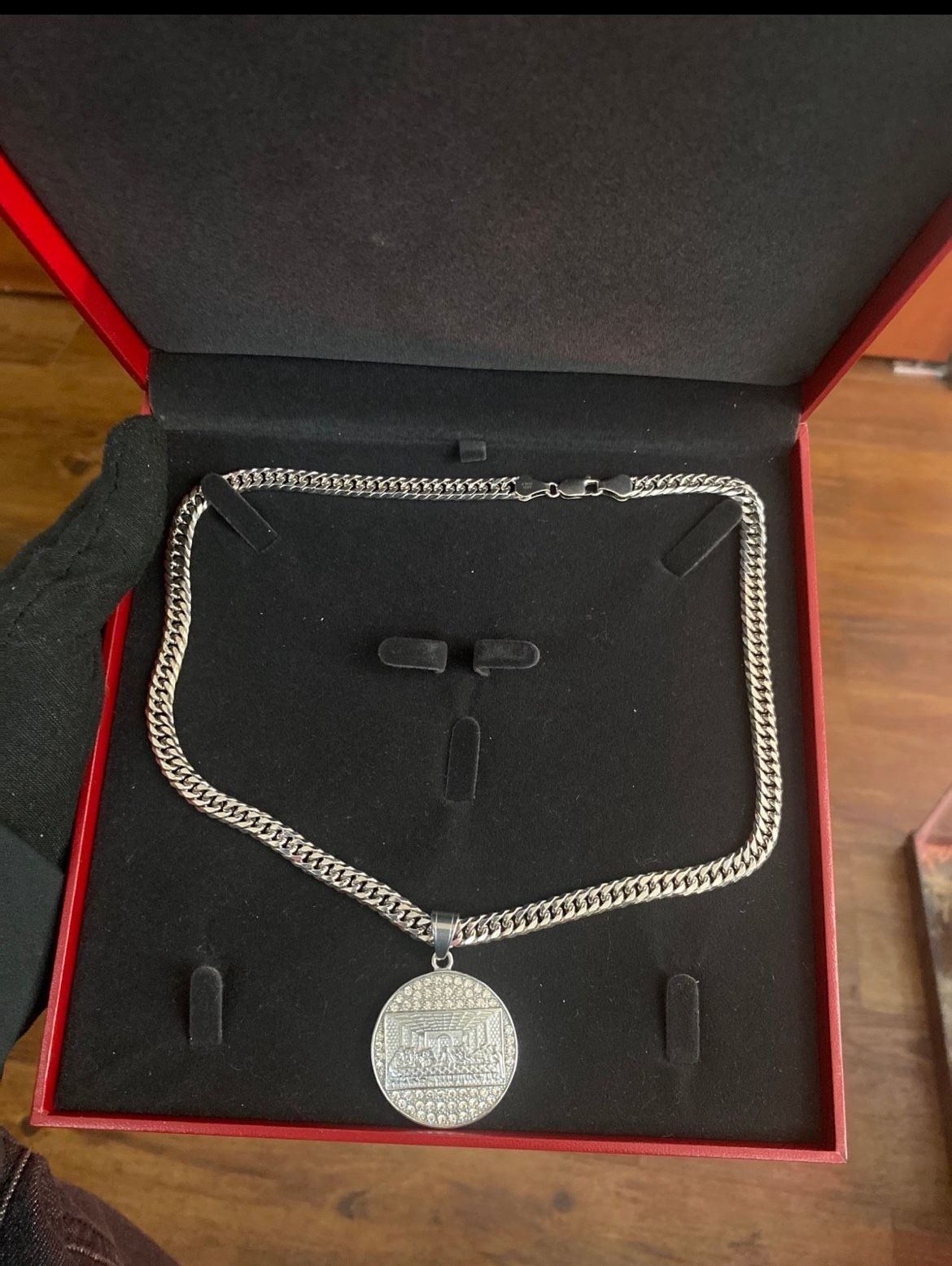 Rey kilates 925 Silver Double Cuban Chain Necklace w/ Round Pendant