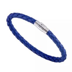 MEN BLUE SILVER BRAIDED LEATHER WRAP BRACELET TRENDY STYLE ! GIFT 🎁