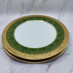 Royal Bayreuth Bavaria Antique 1900s Set Of Two Dinner Plates Green Gold Trim