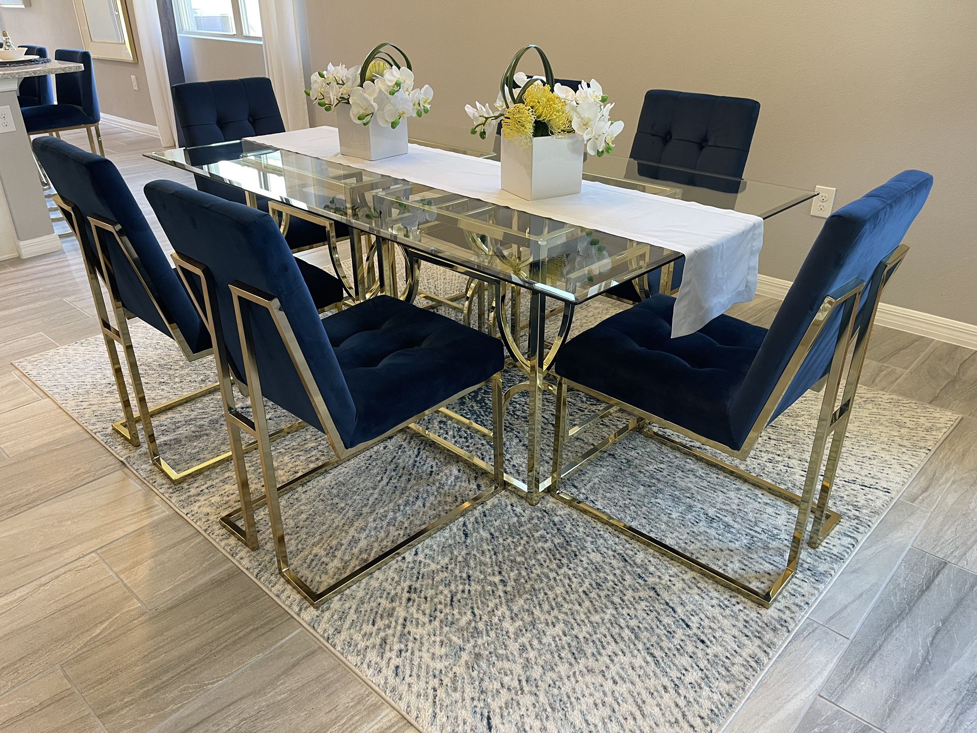 Glass Top Table & 6 Chairs (Blue & Gold) Used For Staging Purposes Only 
