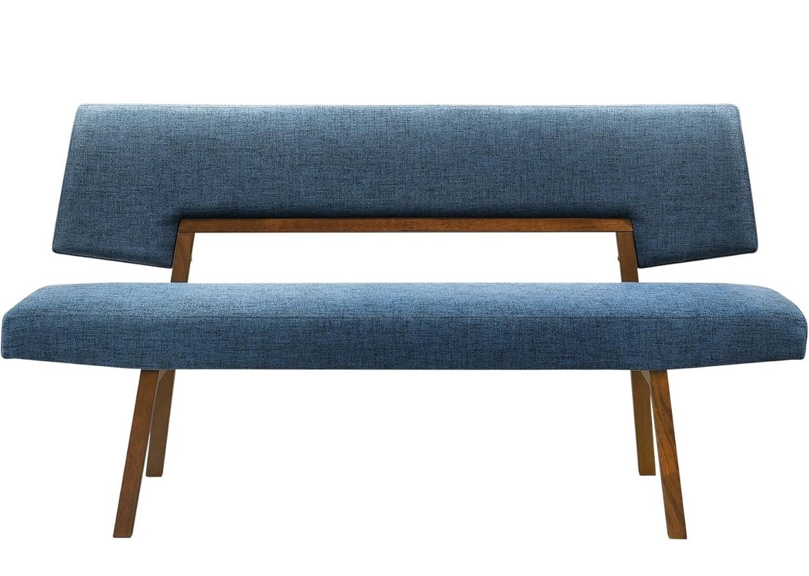 Armen Living Channell Wood Dining Bench in Walnut Finish with Blue Fabric - New In Box