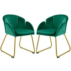 2pcs Flower Shape Velvet Armchair Dining Chair with Golden Metal Legs for Living Room, Green