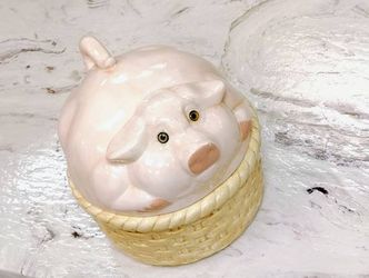 Pink Pig In A Basket Tea Sugar Dish Jar With Lid