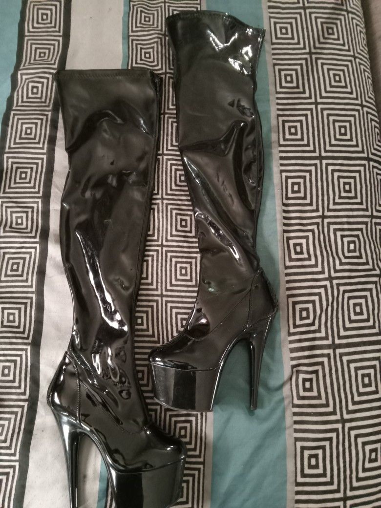 Thigh High Black Leather Pleaser Boots