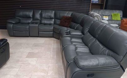 Memorial Day sale. Madrid gray leather reclining sectional only $1399. Easy finance option. Same-day delivery.