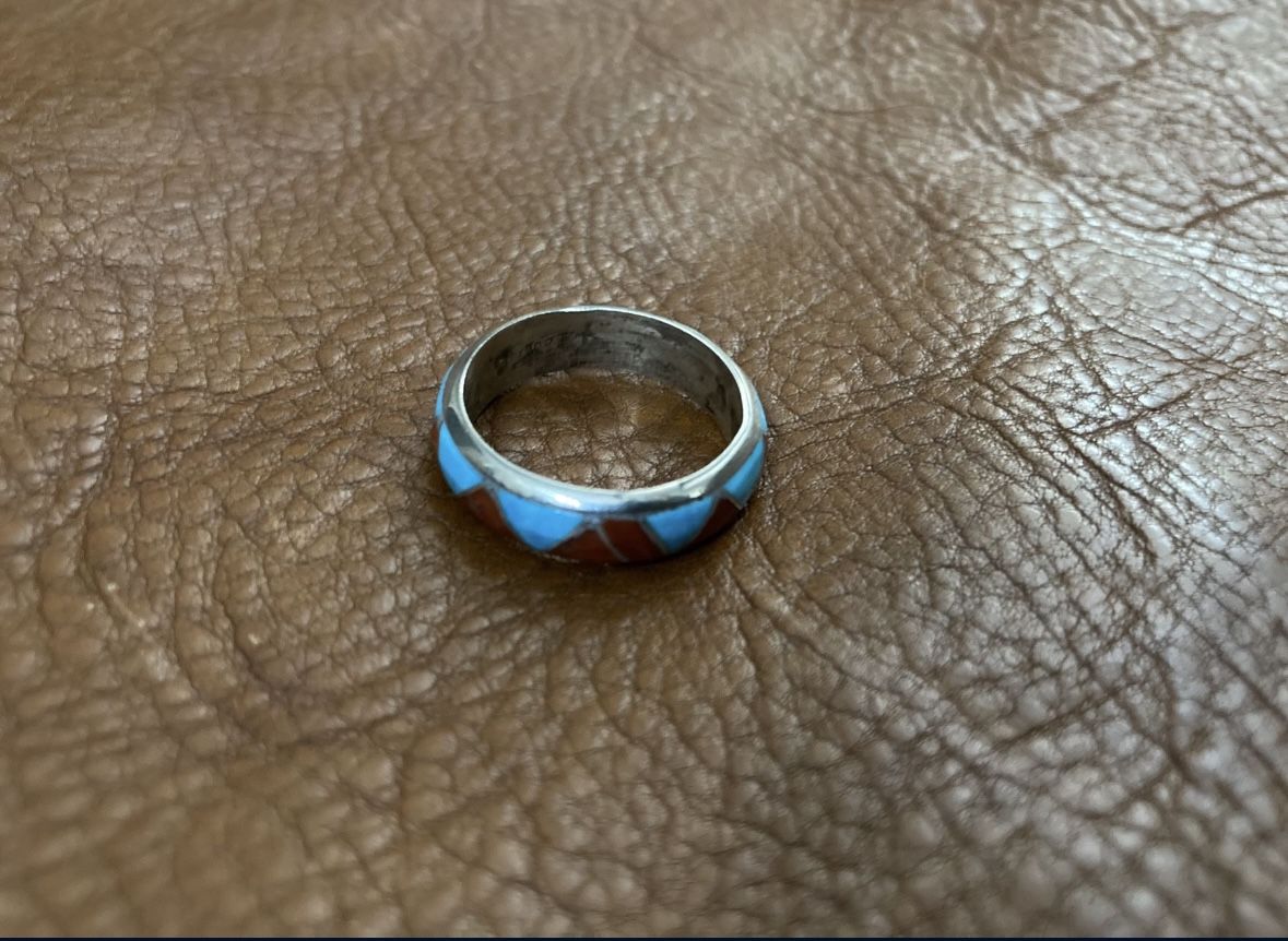 Vintage Sterling Silver Turquoise & Red Coral Ring