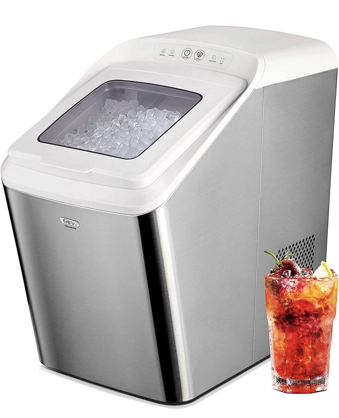 Gevi Household Countertop Nugget Ice Maker Machine, Stainless Steel Housing, Quiet Operation, Max 29Lbs/Day, Self Cleaning, Auto Water Refill, Portabl