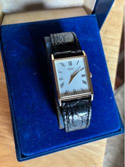 Seiko Tank 25mm Watch Gold Tone Roman Numeral Black Leather Strap