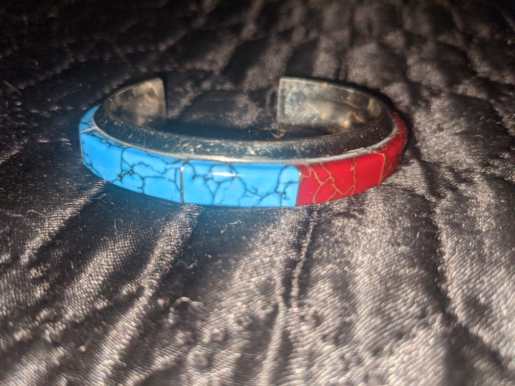 Vintage Inlaid Sterling Silver Cuff Bracelet