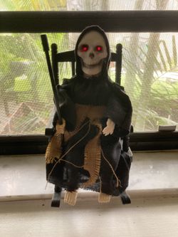 Vintage Halloween Rocking Grim Reaper Skeleton Decoration - Animated Rocking Motions - Sounds And Red Glowing Eyes