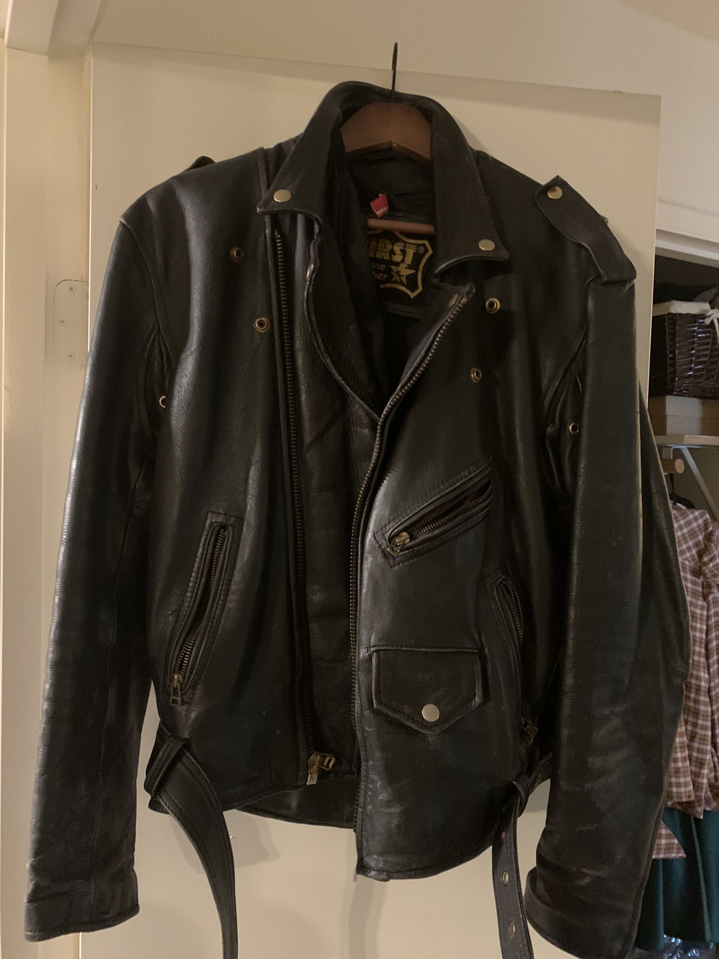 Leather Motorcycle Jacket With Lacing Kidney Support