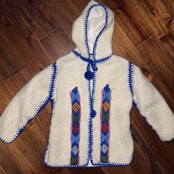 Hand made vintage 100% wool made in Greece ivory, blue Stitch embroidery Hooded kids Sweater. Size 8 Years.