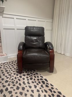 Pair of Luxury Dark Leather Recliners with Wood Trim (local delivery available)