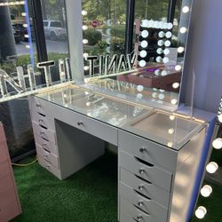White Makeup Vanity with 13 Drawers and LED Mirror