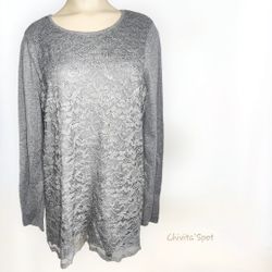 🆕️🏷 CHICOS Gray Cotton Blend Floral Front Lace Knit Pullover Sweater - 1