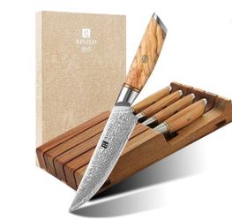 Xinzuo Damascus Steel Knife Set with Wood Tray