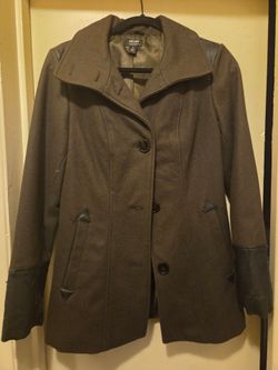 Pea coat with faux leather trim