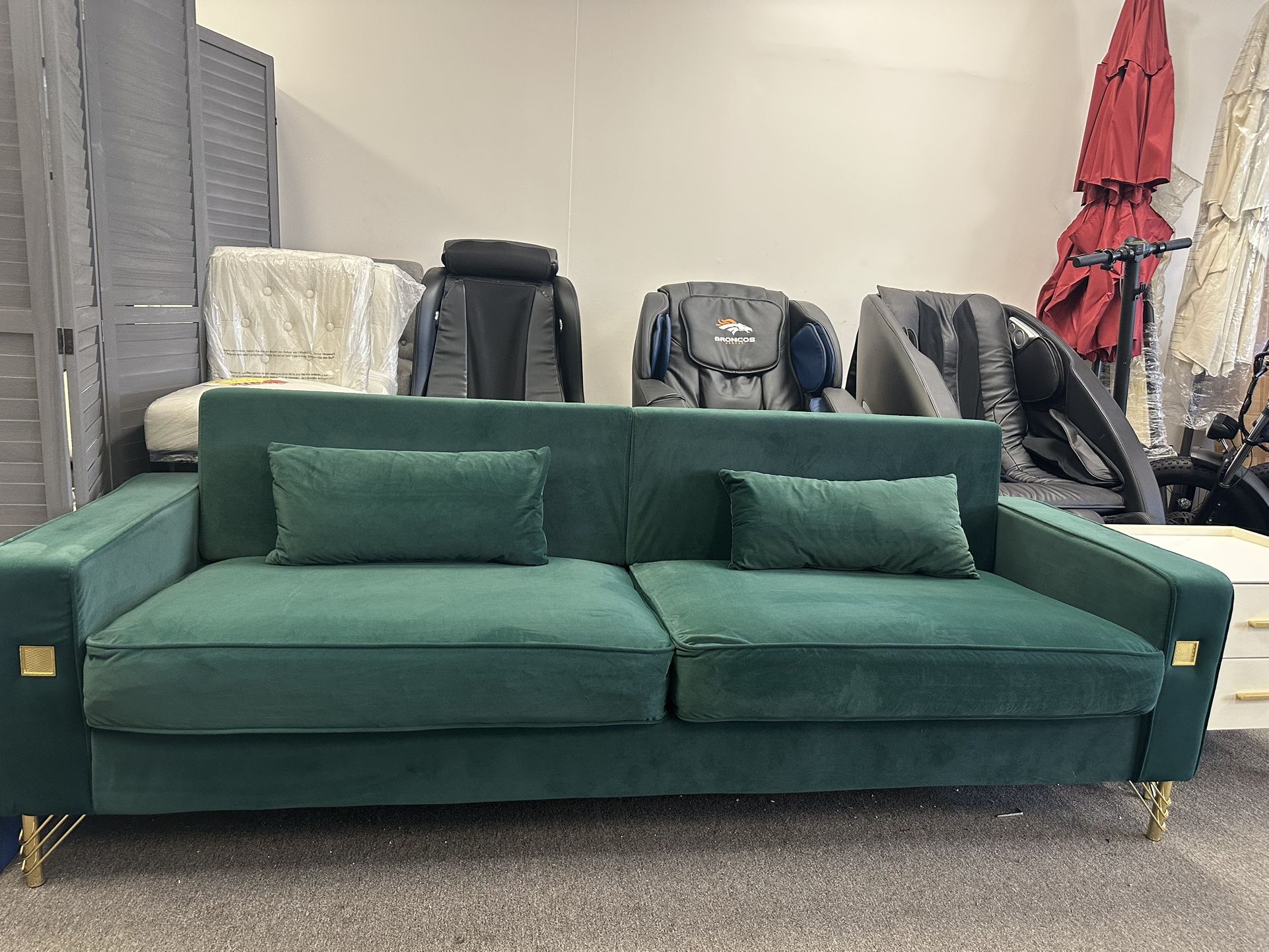 Green Velvet Sofa, 85.63”L Sofa With Gold Legs
