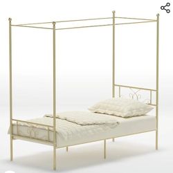 Weehom Unique Canopy Bed Frame with 4 Posters Vintage Classic Design Metal Bed Frame No Box Spring Needed Support Mattress Foundation Twin Gold
