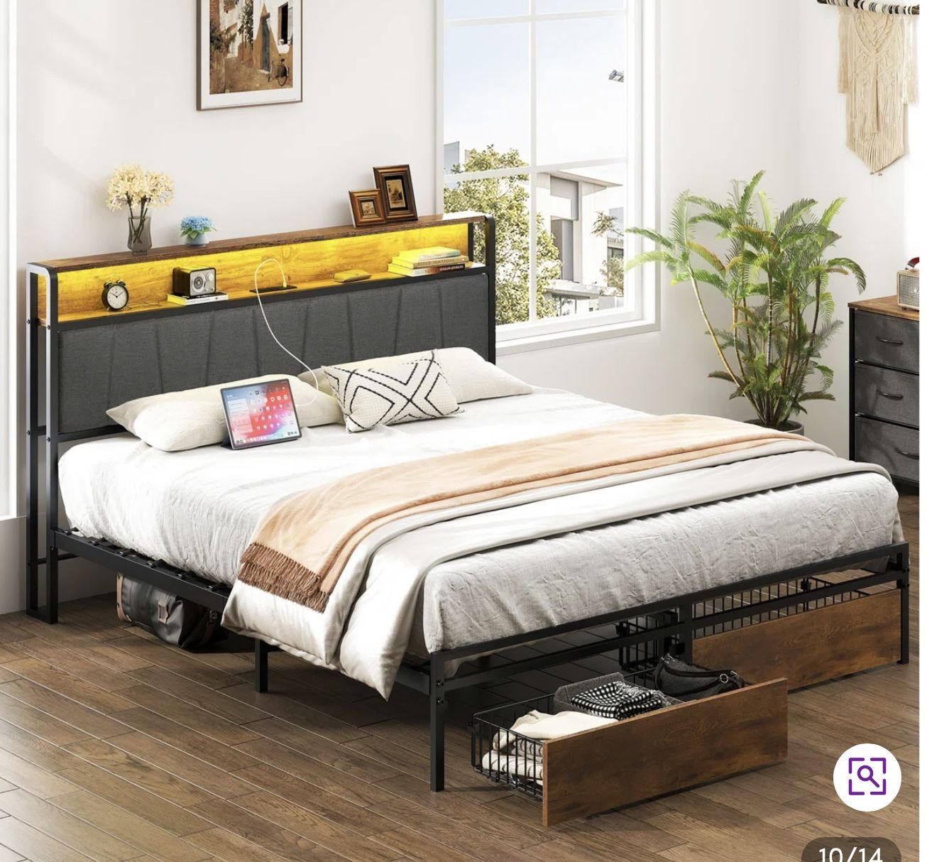 King Size Bed Frame Upholstered Platform Bed Frame with Storage Drawers, USB Ports, (6270 King)