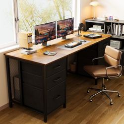 63 inch Computer Desk with File Drawers Cabinet, Modern Office Desk with Large Storage for Home Office, Study, Gaming, Vintage  Shape Recta
