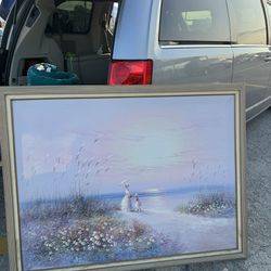 Vintage Oil Painting of Woman and Child by the Beach big frame