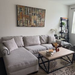 Couch+ two side tables, coffee table, rug and picture