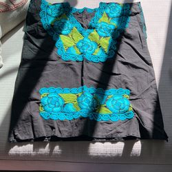Black Embroidered Teal Flowers  Blouse 