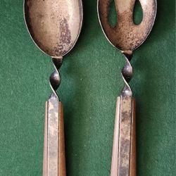 NAPIER Silverplate & Wood 2 Pc Salad Serving Set Fabulous ART DECO Look