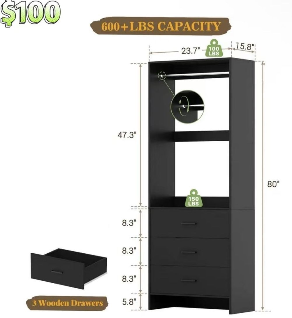 ✌️ 2FT Closet System with 3 Drawers, 24’’ Closet Organizer, Wood Closet Organizer System, Walk-in Closet or Small Closets Wardrobe, Clothes Rack