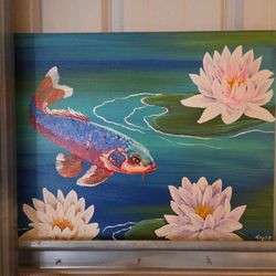 16x20 Original Canvas Koi Fish Painting 