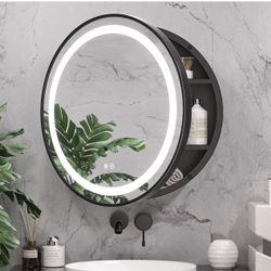 New Round Medicine Cabinet with Lights,Led Medicine Cabinet with Mirror,Black Metal Framed Circle Medicine Cabinet for Bathroom,24 in Round Medicine C